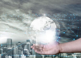 Global communication network concept. Digital transformation and city background.