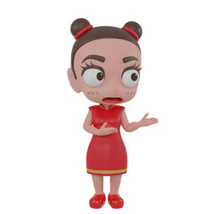 Cute Chinese Girl Cartoon SD Model 3D render Character. 3d rendering. clipping paht