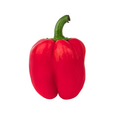 One whole bell pepper, red in color, on a white background, isolated