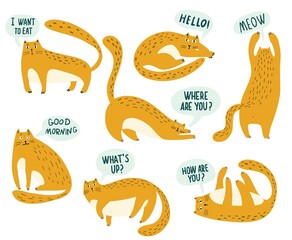 Cat flat hand drawn vector character set. Cute naughty playful cats with lettering. - 469390388