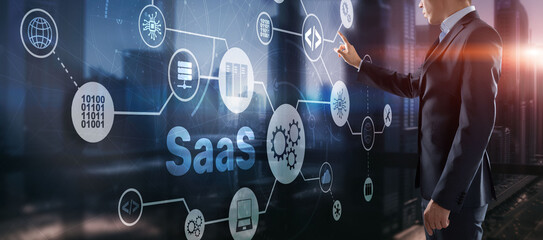 SaaS Software as a Service concept with man hand pressing text