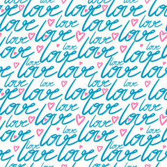 Seamless pattern of hearts and handwriting. valentines day on a background