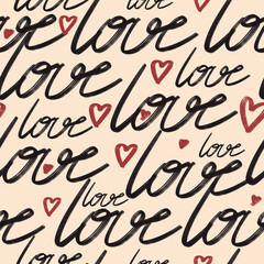 Seamless pattern of hearts and handwriting. valentines day on a background