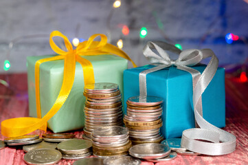 Gifts and money for the holiday. Holiday New Year and Christmas. New Year's card.