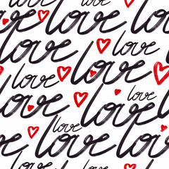 Seamless pattern of hearts and handwriting. valentines day on a background