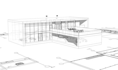 modern house architectural drawing 3d illustration