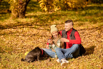 Naklejka na ściany i meble A family spending time in the park with their dog