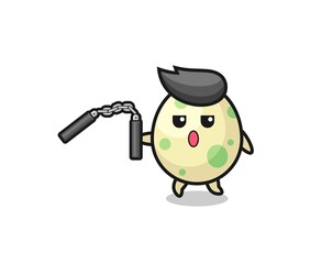 cartoon of spotted egg using nunchaku