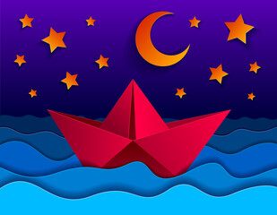 Fototapeta na wymiar Origami paper ship toy swimming in the night with moon and stars, curvy waves of the sea,beautiful vector illustration in paper cut style.