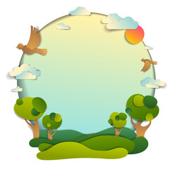 Green fields and trees scenic landscape of summer with clouds birds and sun in the sky, frame background with copy space,  paper cut illustration, holidays in countryside, travel and tourism theme.