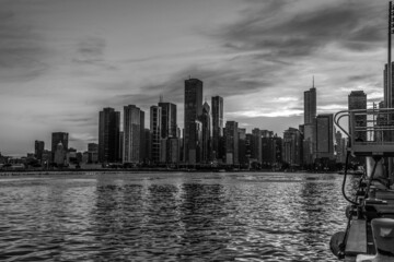 Sunset over the skyline of Chicago, from Navy Pier