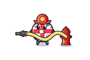 united kingdom flag cartoon as firefighter mascot with water hose