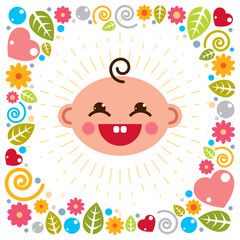 Cute baby cartoon vector flat icon, adorable happy and smiling child emoji. With nice childish frame of flowers, hearts and leaves.