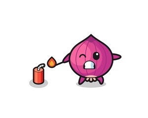 onion mascot illustration playing firecracker