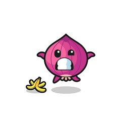 onion cartoon is slip on a banana peel