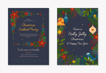 Christmas and Happy New Year greeting banner and party invitation.Festive vector layouts with hand drawn traditional winter holiday symbols.Xmas designs for banners,invitations,prints,social media.