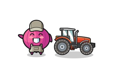 the onion farmer mascot standing beside a tractor