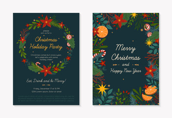 Christmas and Happy New Year greeting banner and party invitation.Festive vector layouts with hand drawn traditional winter holiday symbols.Xmas designs for banners,invitations,prints,social media.