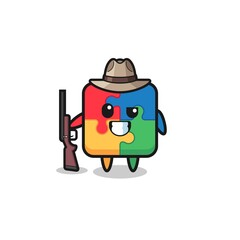 puzzle hunter mascot holding a gun