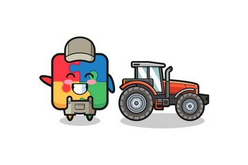 the puzzle farmer mascot standing beside a tractor