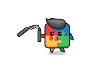 Obraz premium cartoon of puzzle using nunchaku