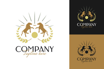 Elegant Horse Logo Design with Sun and Wheat Symbol. Two Horses in Vintage Style for Logo, Emblem, Insignia or Label