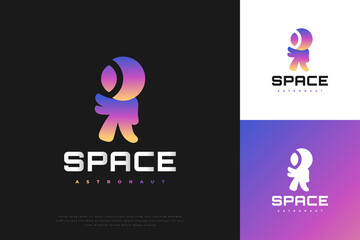 Cute Spaceman Logo Design in Colorful Gradient. Cosmonaut, Astronaut Character Logo or Icon