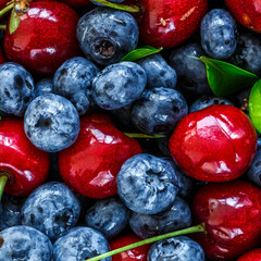 Water drops on ripe sweet blueberry.Gooseberries, blueberries,cherry, mulberry, raspberries, white and red currants. Vegan and vegetarian concept.Texture blueberry berries close up