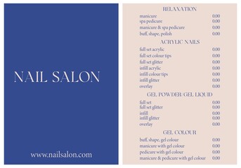 Vector Illustration sticker business card for nail salon by your name with web site pricelist and special offer. Modern style