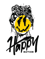 Happy nation slogan print design with graffiti spray paint emoji icon and ancient sculpture - obrazy, fototapety, plakaty