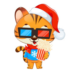 Merry Christmas. Cute tiger cub in Santa hat