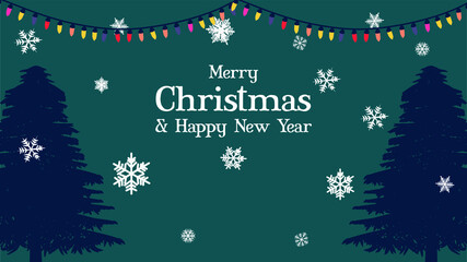 Merry Christmas and Happy New Year with winter landscape background, snowflakes, Christmas lamp, tree. Merry Christmas card. Vector Illustration for backdrop, banner, poster, newsletter, advertisement