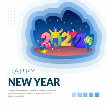 Simple Happy New Year 2022 With Poeple Illustration On White Background For Social Media Post