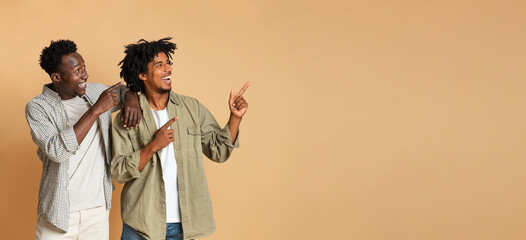 Nice Offer. Two Black Friends Looking And Pointing Aside At Copy Space