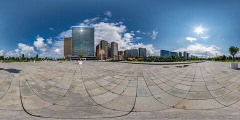 360 seamless hdri panorama view on square near seashore or ocean with skyscrapers with blue sky and...