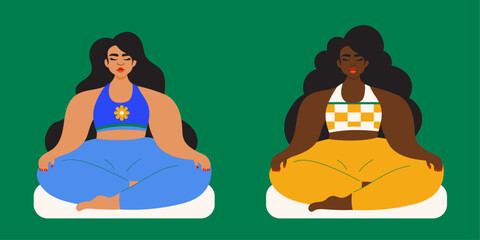 Illustration of women meditating together wearing bright sportswear