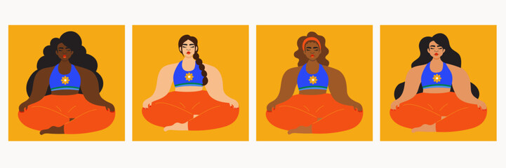 Illustration set of women meditating wearing bright sportswear