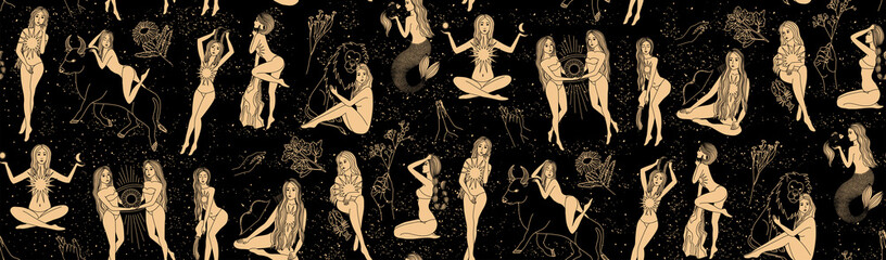 Seamless pattern - signs of the zodiac. Gold illustration of astrological signs on a dark background. Magical illustrations of women and animals in the blooming sky. Mystical women. Flora and magic. - obrazy, fototapety, plakaty