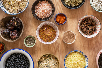 Bowl set with spices and ingredients to prepare Mediterranean haute cuisine dishes