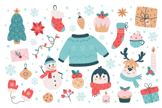 Christmas elements collection. Merry Christmas, Happy New Year objects. Vector illustration