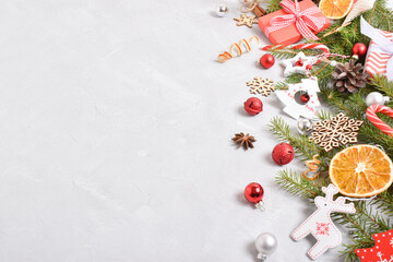 Beautiful background with Christmas decorations. Flat design. A place to copy.