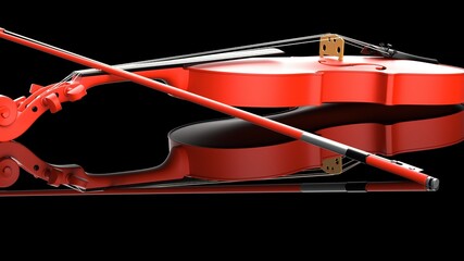 Orange-Gold classic violin on black plate under spot lighting background. 3D sketch design and illustration. 3D high quality rendering.
