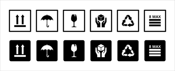 Box packaging handling instruction icon. Shipping cardboard box care direction symbol. Contains icon such as umbrella, keep it dry, fragile, handle with care, maximum stack, up side, and recyclable.
