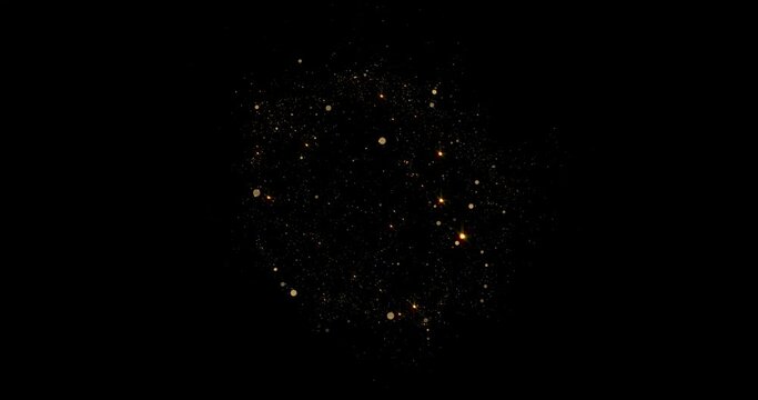 Christmas light gold magic explosion. Golden glitter smoke particles background, shimmer glow or dust light spray. Golden fragrance flow effect with magic glitter fluid sparkles