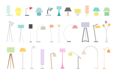 Variety of lamps for home and office. Collection of lamp icons, vector stock illustration. - obrazy, fototapety, plakaty