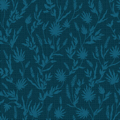 Fototapeta na wymiar Tropical Floral pattern. Flowers and Leaves Silhouettes Seamless Pattern. Background with Imitation Linen Burlap Texture. Dark Blue Color.