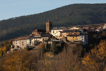 Autumnal skyline of the small town of Embun, with its huddled stone houses, in the Jacetania...