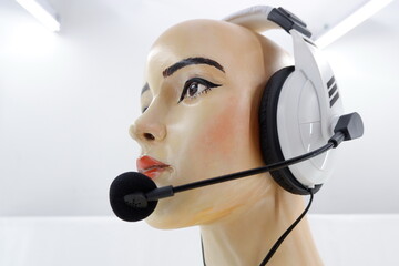 Female mannequin, humanoid robot on the phone, wearing headphones with a microphone, close-up, on a...