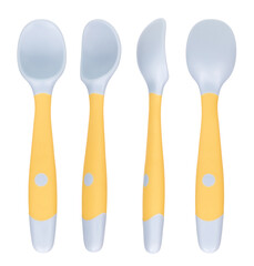 Collection of Bendable kids training Spoon Fork Set isolated on white background.