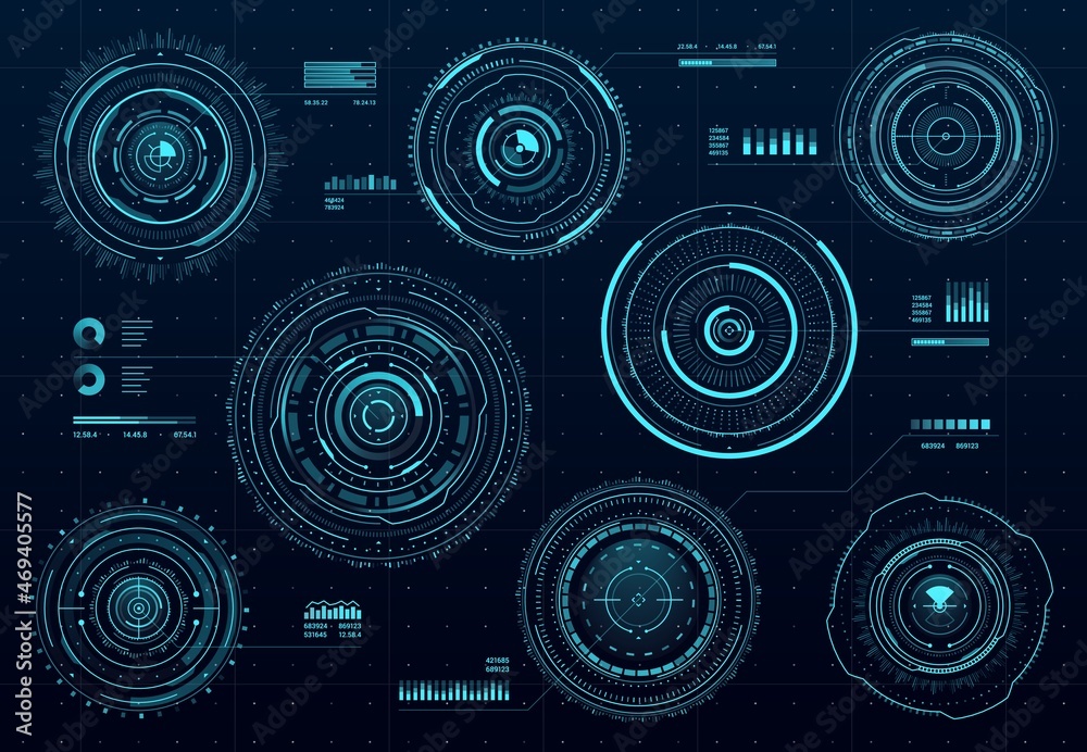 Leinwandbilder Circle futuristic HUD digital ui interface, data screen dashboard vector elements of Sci Fi game or vr head up display. High tech hologram circles with neon glowing statistics graphics and charts